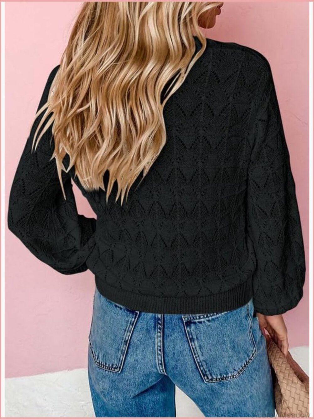 Crochet Knit V-Neck Cardigan Sweater Long Sleeve Button Front - Picture 2 of 7